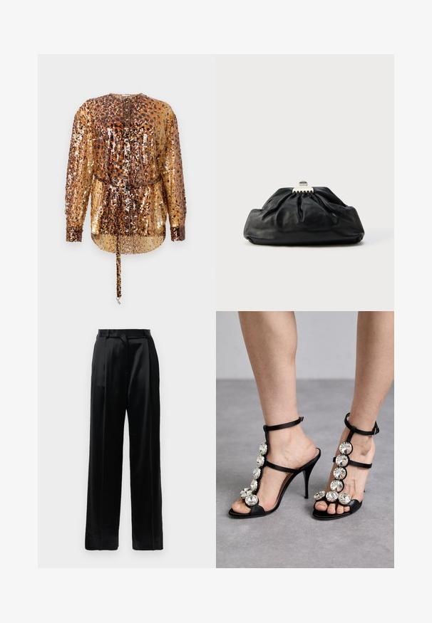 Rabanne Bluse - hairy/brown/black; Sorte satinbukser med høj talje, lige brede ben, bæltestropper og flad lukning på en ensfarvet hvid baggrund.; Sorte højhælede sandaler med satinremme og store runde rhinestone-primær ved buen og anklen, åben tå-design.; Sort læderclutch med en samlet tekstur, metal lukning og diskret præget logo på forsiden. Rundet form.