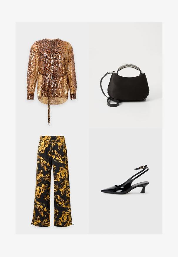Rabanne Blusa - hairy/brown/black; Pantalones negros de pierna ancha con estampado barroco floral adornado en amarillo y dorado y cintura elástica.; Zapatos de tacón de charol negro con punta afilada, tacón bajo tipo bloque y correa ajustable en el tobillo con un hebilla dorada.; Bolso de satén negro con un asa curva de plata y una correa negra desmontable. Textura suave y forma redondeada con un diseño minimalista.