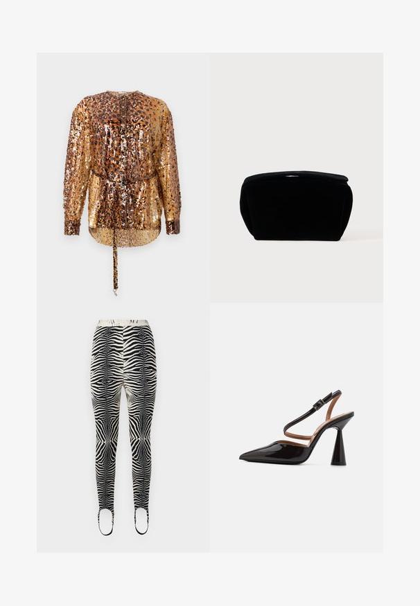 Rabanne Blouse - hairy/brown/black; Leggings à imprimé zèbre avec une palette de couleurs noire et beige, en matériau extensible, taille haute et ouvertures pour les pieds avec des sangles.; Chaussure slingback en cuir verni noir avec un bout pointu, un talon fermé et un large talon conique. Elle dispose d'une fine bride autour de la cheville avec un détail de boucle.; Trousse de maquillage en velours noir avec une surface douce et texturée, un dessus arrondi et une fermeture éclair. Design compact, adapté à divers besoins de rangement.