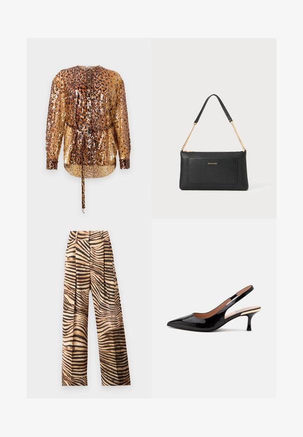 Rabanne Bluse - hairy/brown/black; Weite Beinhosen mit einem beige-braunen Zebra-Streifen-Muster, ausgestattet mit Falten, einer hohen Taille und einer glatten, glänzenden Textur.; Schwarzer Lackleder Slingback-Pumps mit spitz zulaufender Kappe und niedrigem Katzenabsatz auf weißem Hintergrund.; Schwarze Ledertasche mit einer Kieseloberfläche, goldener Kettenriemen und einer Fronttasche. Auf der Vorderseite befindet sich ein goldenes Logo.