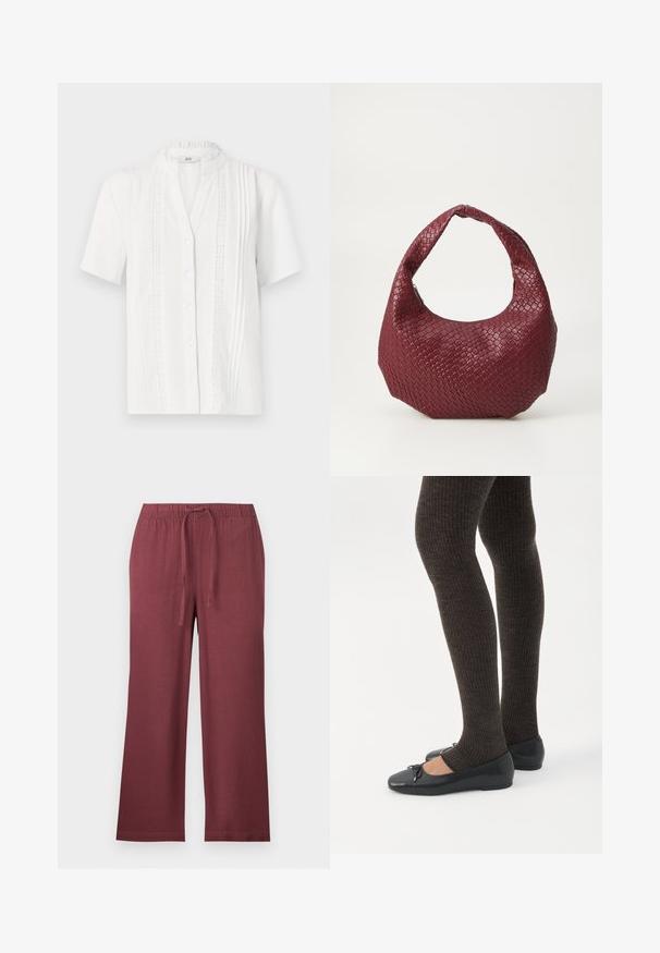 Hvid kortærmet bluse med mandarin krave, forsynet med lodrette pintuck-detaljer og knaplukning foran. Letvægts stof.; ONLY Petite ONLGOA PULL UP CULOTTE - Bukser - rose brown; Ben iført mørke ribbede leggings kombineret med sorte balletsko med små sløjfedetaljer på hvid baggrund.; Vævet bordeaux håndtaske med en rund silhuet, et enkelt håndtag og en tekstureret overflade. Lynlåslukning øverst.