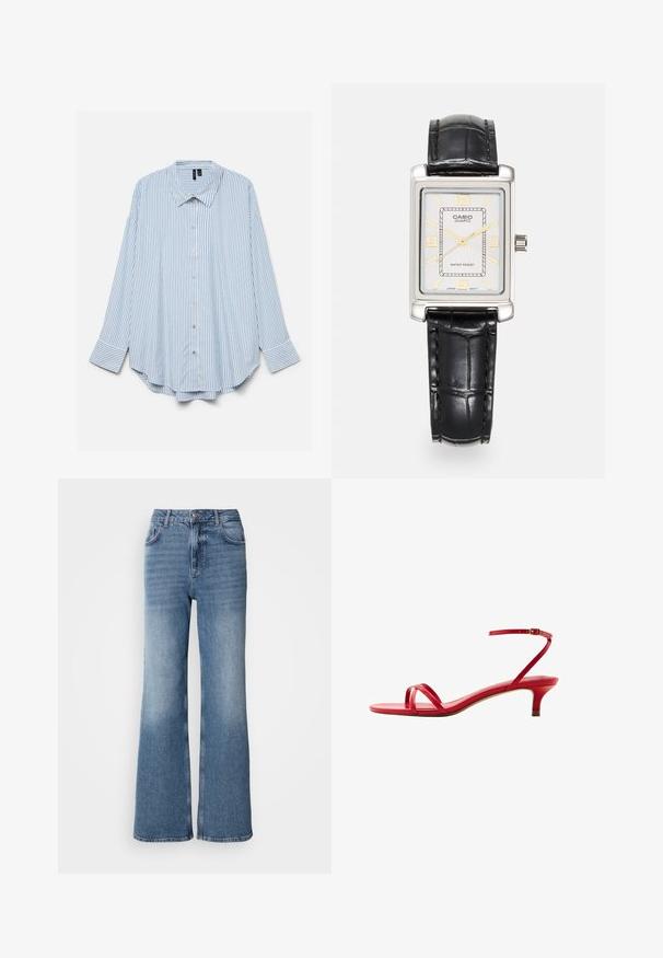 Lyseblå og hvide vertikale stribede langærmet skjorte med krave og buet kant, vist fladt på en hvid baggrund.; Mos Mosh MAI - Jeans Straight Leg - blue wash; Rød læder lavhælet sandal med tynde stropper over tæerne og en ankestrop med spænde, vist fra siden på en hvid baggrund.; Casio rektangulær kvartsur med en sølvfarvet skive, gyldne detaljer, sort krokodilleskindsinbrændt læderrem og vandafvisende egenskaber.
