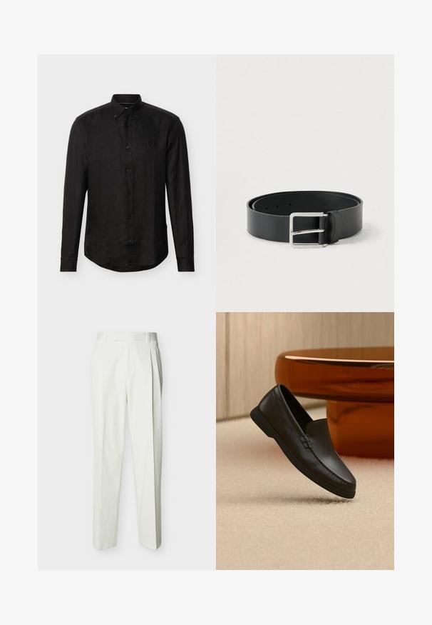 Chemise noire à manches longues avec boutons, col classique et logo discret sur le côté gauche de la poitrine, présentée sur un fond uni.; Pantalon blanc ajusté taille haute avec passants de ceinture et plis sur le devant, présenté sur un fond uni.; Mocassin noir en cuir sans lacets exposé sur un tapis beige à côté d'une table en verre ambré de forme incurvée dans une pièce aux tons neutres.; Ceinture en cuir noir à finition lisse, avec une boucle rectangulaire en métal argenté et plusieurs trous de réglage.