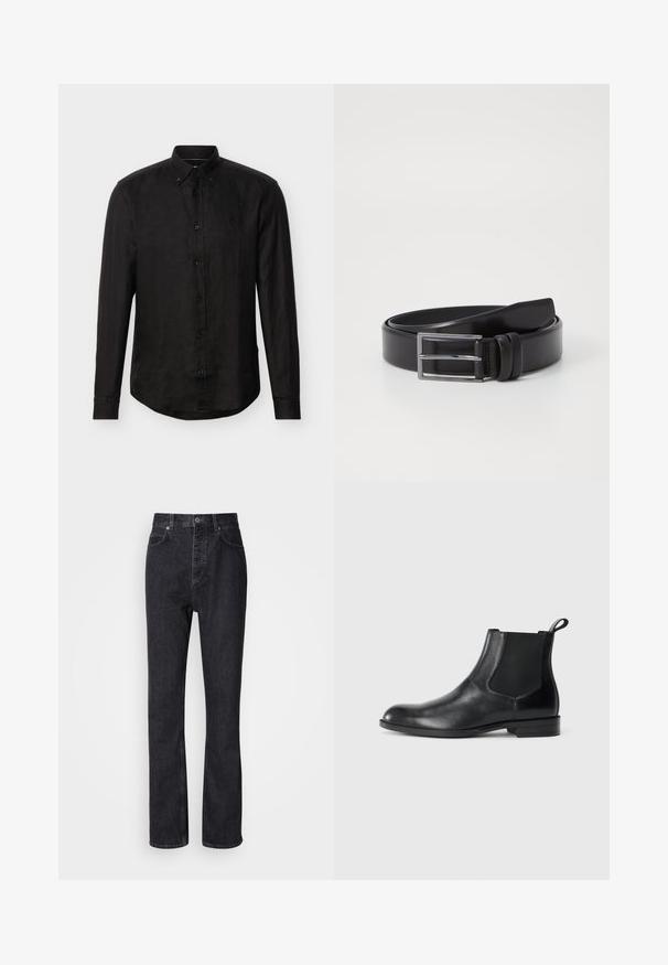 Chemise noire à manches longues avec boutons, col classique et logo discret sur le côté gauche de la poitrine, présentée sur un fond uni.; Jean en denim noir taille haute avec fermeture à bouton et à glissière, poches avant et arrière, et coupe droite.; Bottine en cuir noir avec des panneaux latéraux élastiques, bout rond et tirette. Texture lisse, semelle plate, design minimaliste.; Ceinture en cuir noir au toucher lisse, dotée d'une boucle rectangulaire en argent et d'un double détail de broche. Design classique et polyvalent.