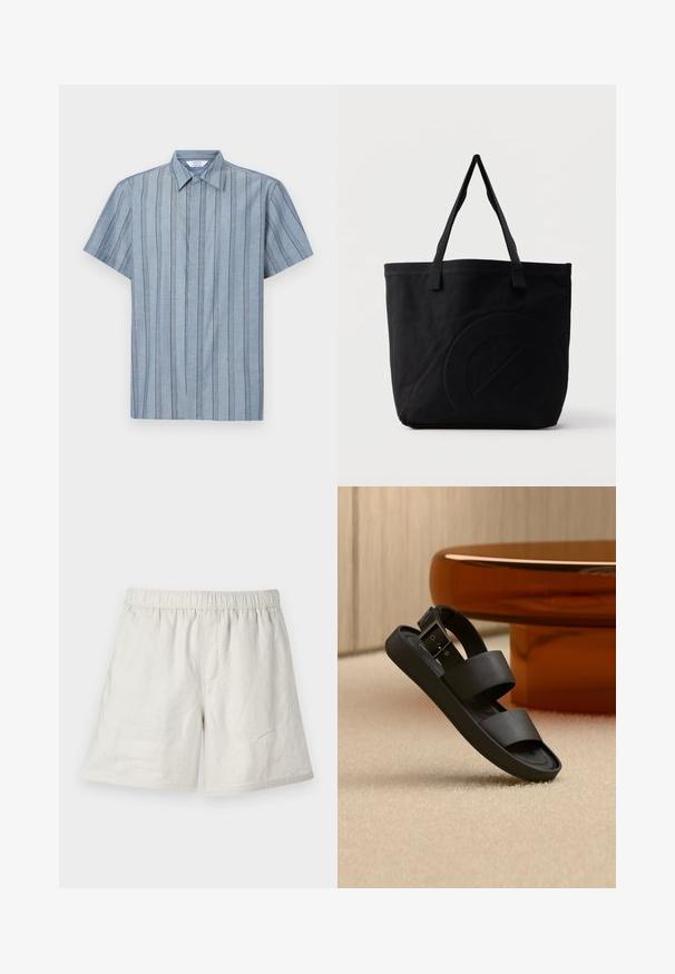 Kurzärmliges Hemd mit Kragen aus hellblauem Stoff mit vertikalen Streifen. Verfügt über ein strukturiertes Muster und einen geraden Saum.; Helle beige Leinen-Shorts mit elastischem Bund, die eine lockere Passform und minimale Nähte für ein einfaches, lässiges Design bieten.; Schwarze Sandale mit doppelten Riemen und Schnalle auf beigefarbenem Teppich, neben einem runden bernsteinfarbenen Tisch in einem neutralen Raum.; Schwarze Canvas-Shopper-Tasche mit zwei Schulterriemen und einem dezenten, eingeprägten kreisförmigen Design auf der Vorderseite.