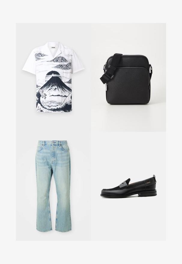 Kortærmet hvid skjorte med en sort illustration af Mount Fuji, omgivet af skyer og bølger. Lavet af letvægtigt stof med en afslappet pasform.; Lysblå denim flared jeans med høj talje, der har fem lommer, bæltestropper og en toned vævning.; Sort læderloafer med grå remdetalje, lav hæl og tekstureret sål, mærket med "HUGO" i guld på siden.; Sorth læder crossover taske med en tekstureret overflade, der har en frontlomme med lynlås, justerbar strop og metal hardware detaljer.