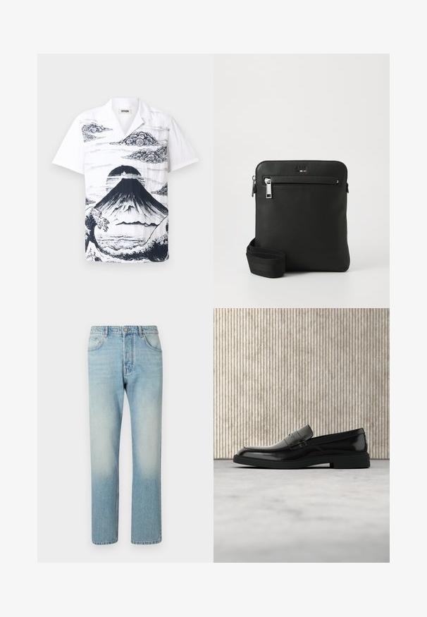 Kortærmet hvid skjorte med en sort illustration af Mount Fuji, omgivet af skyer og bølger. Lavet af letvægtigt stof med en afslappet pasform.; Lyseblå jeans lavet af denim, med et lige ben-design, fem lomme-struktur og falmet vaskeffekt ved lårene.; Sort poleret læderloafer flydende over beige tæppe med orange gennemsigtigt møbel i baggrunden.; Sort læder crossover-taske med fladt design, tekstureret overflade, lynlås, forlomme og justerbar stofrem.