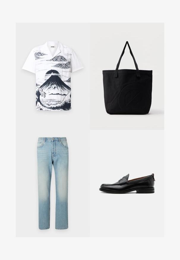Kortærmet hvid skjorte med en sort illustration af Mount Fuji, omgivet af skyer og bølger. Lavet af letvægtigt stof med en afslappet pasform.; Lyseblå jeans lavet af denim, med et lige ben-design, fem lomme-struktur og falmet vaskeffekt ved lårene.; Sort læder herre loafer med moc-tå syning, penny strop, struktureret krave og lav stablet hæl på hvid baggrund.; Sort canvas-tote-taske med to skulderstropper og et diskret præget cirkeldesign på fronten.
