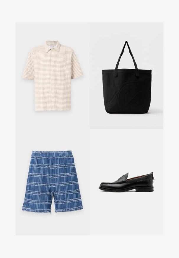 Kortærmet, lys beige skjorte med et rutenetmønster i blødt brunt, knap-front design og klassisk krave. Glat stoftekstur.; Denim shorts med en flosset kant, der har et blåt ternet mønster. Elastisk talje, lige skæring og blød tekstur.; Sort læder herre loafer med moc-tå syning, penny strop, struktureret krave og lav stablet hæl på hvid baggrund.; Sort canvas-tote-taske med to skulderstropper og et diskret præget cirkeldesign på fronten.