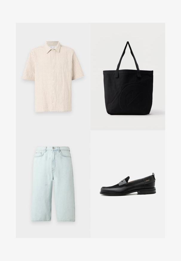 Chemise à manches courtes de couleur beige clair, ornée d'un motif en grille de couleur marron doux, avec des boutons à l'avant et un col classique. Texture du tissu lisse.; Shorts en denim bleu clair avec une coupe à jambe droite, taille mi-haute, poches avant et une poche arrière unique, finition avec des coutures discrètes.; Mocassin en cuir noir avec détail de bride grise, talon bas et semelle texturée, marqué "HUGO" en or sur le côté.; Sac fourre-tout en toile noire avec deux bandoulières et un motif circulaire discret en relief sur le devant.