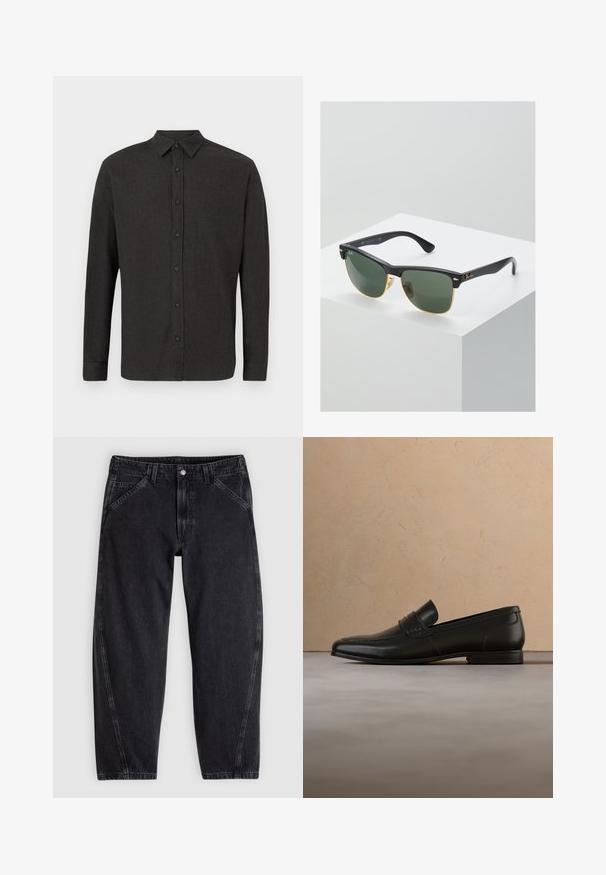 Dunkelgraues langärmliges Hemd mit Knopfverschluss und spitzem Kragen, flach vor einem weißen Hintergrund ausgestellt.; Schwarze Jeans aus Denim mit lockerem Schnitt, ausgestattet mit einem normalen Bund, einem Fünf-Taschen-Design und Kontrastnähten entlang der Nähte.; Schwarzer Lederschuh im Slipper-Stil schwebt über einem beigen Teppich, im Hintergrund ist ein beiges Sofa zu sehen.; Ray-Ban Sonnenbrillen mit grünen Gläsern, schwarzen Kunststoffrahmen und goldenen Akzenten an den Rändern. Quadratische Form mit matter Oberfläche.