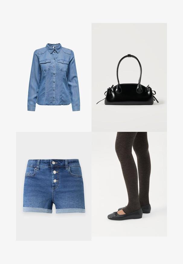 Lys blå denimskjorte med krave, lange ærmer, to brystlommer og sølvfarvede trykknapper foran. Glat tekstur.; Blå denimshorts med tre metalknapper, opknebne kanter, bæltestropper og forlommer på en ensfarvet hvid baggrund.; Ben iført mørke ribbede leggings kombineret med sorte balletsko med små sløjfedetaljer på hvid baggrund.; Lille sort blank håndtaske med to lange håndtag og snøre-detaljer i siden på en ensfarvet lys baggrund.