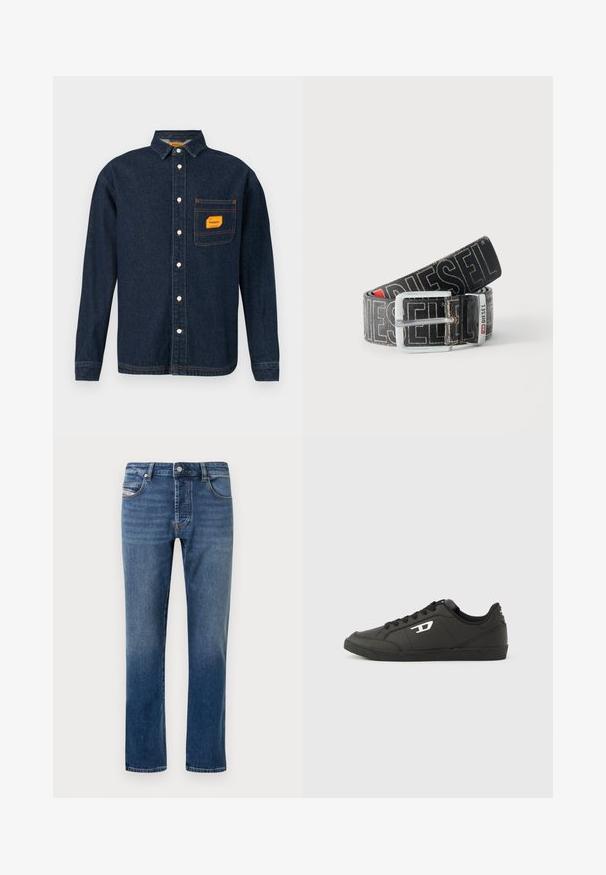 Donkerblauwe denim shirt met button-down kraag, oranje label op de borstzak en witte knopen. Zachte textuur met contrasterende stikseldetails.; Donkerblauwe jeans van denim met een rechte snit, vijf zakken en een knoopsluiting. Heeft lichte vervaging en stikaccenten.; Zwarte sneakers van synthetisch materiaal met een geribbelde zwarte zool, ronde neus en vlakke zwarte veters. Opvallend wit logomerk aan de buitenzijde.; Zwarte Diesel-riem met grote witte logotekst, rechthoekige zilveren gesp en merkmetal lusdetail, opgerold op een lichte achtergrond.