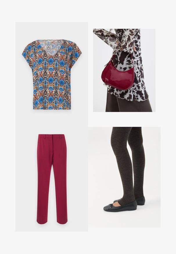 T-shirt à manches courtes avec un motif coloré et complexe, avec des accents bleus, marron, rouges et noirs sur un fond clair. Design en V.; Pantalon bordeaux en tissu lisse avec une coupe droite, équipé d'une ceinture, de passants pour ceinture et de poches latérales. Aucun détail décoratif.; Jambes portant des leggings côtelés foncés associés à des ballerines noires avec de petits détails en nœud sur fond blanc.; Femme portant un chemisier à motif noir et blanc tenant un sac à main rouge brillant sur un fond uni.