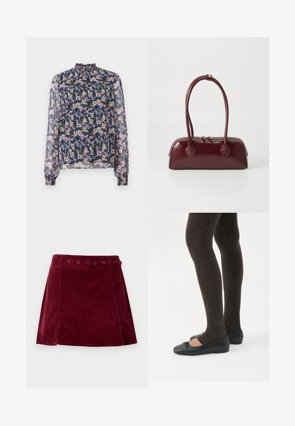 Blusa floral con cuello alto, mangas largas y puños elásticos. La tela transparente presenta un fondo azul marino y coloridos patrones de flores.; Falda de pana roja oscura con un cinturón a juego y ojales metálicos, con un ligero corte en línea A y detalle en el panel frontal.; Piernas con leggings oscuros acanalados combinados con bailarinas negras que presentan pequeños detalles de lazo sobre un fondo blanco.; Bolso de piel burdeos con forma curva, asas dobles, cierre de cremallera y sutilezas en los detalles de costura. Acabado suave y brillante.