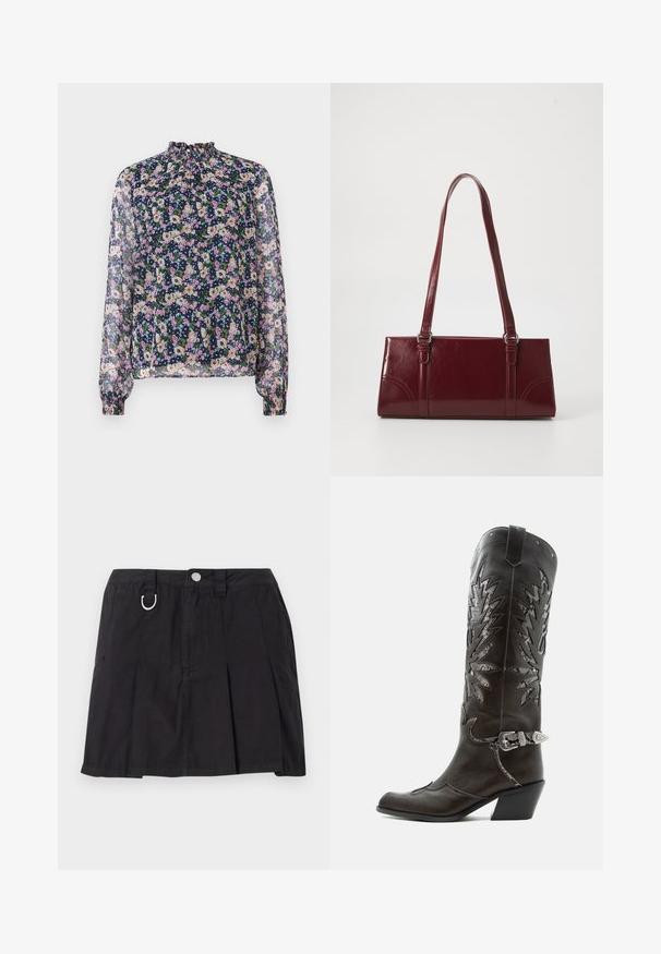 Blouse florale avec un col haut, des manches longues et des poignets élastiques. Tissu transparent avec un fond bleu marine et des motifs de fleurs colorées.; Jupe plissée noire en coton, avec une fermeture à boutons sur le devant, des passants de ceinture et un accent en D-ring sur la taille.; Botte de cowboy en cuir noir avec découpes décoratives, boucle argentée et talon incliné, présentée sur fond blanc.; Sac à main bordeaux en matériau brillant, de forme rectangulaire, avec deux anses et des accents légèrement courbés à l'avant.