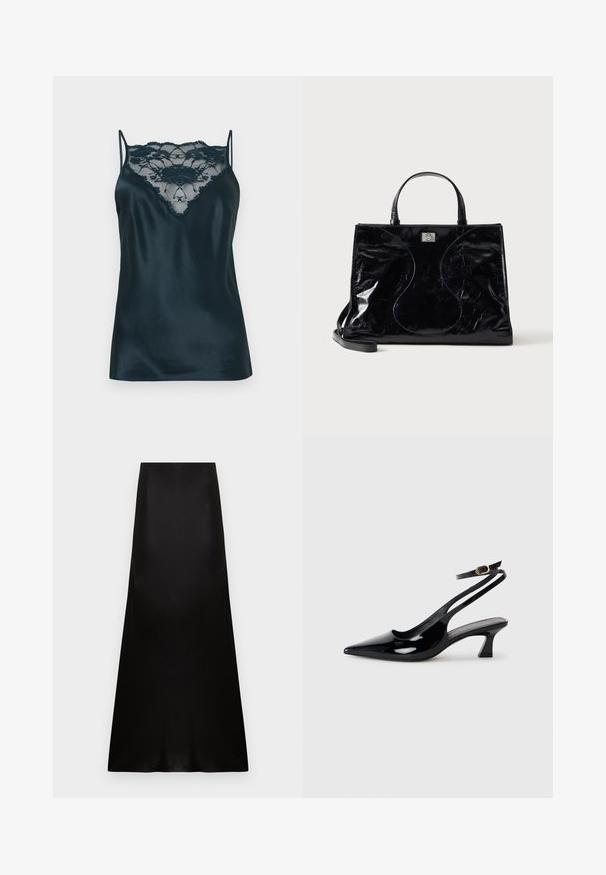 Camisole en satin bleu foncé avec un panneau en dentelle au niveau du décolleté, dotée de fines bretelles réglables et d'une texture lisse.; Jupe longue en satin noir avec taille haute et ourlet légèrement évasé sur fond blanc.; Escarpins à brides arrière en cuir verni noir, à bout pointu, avec un petit talon carré et une sangle de cheville ajustable dotée d'une boucle dorée.; Sac à main en cuir noir brillant avec poignées courtes, bandoulière amovible et détails de couture discrètement courbés à l’avant.