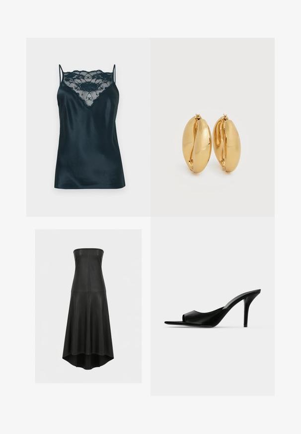 Camisole en satin bleu foncé avec un panneau en dentelle au niveau du décolleté, dotée de fines bretelles réglables et d'une texture lisse.; Robe bustier noire en simili cuir avec corsage ajusté et jupe évasée, présentant des détails de coutures et un ourlet dégradé.; Mule à talon haut en cuir noir à bout ouvert avec un talon stiletto fin, vue de profil sur un fond uni.; Paire de boucles d'oreilles épaisses en forme de créoles, effet or poli, avec un design légèrement ovale et massif, dotées de fermoirs à charnière sur fond blanc.