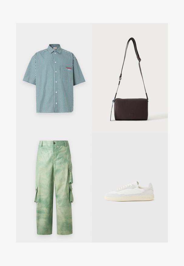 Korte mouwen overhemd in een groen-wit ruitpatroon. Voorzien van een knoopsluiting, een kraag en een borstzak met rode borduurstof.; Les Benjamins VINTAGE PANT - Leren broek - army green; Witte sneaker met een bovenwerk van gestructureerd suède en leer. Voorzien van een afgeronde neus, vetersluiting en een contrasterende beige rubberen zool.; Donkerbruine gestructureerde leren crossbodytas met verstelbare riem en klein decoratief blauw accent aan de zijkant.