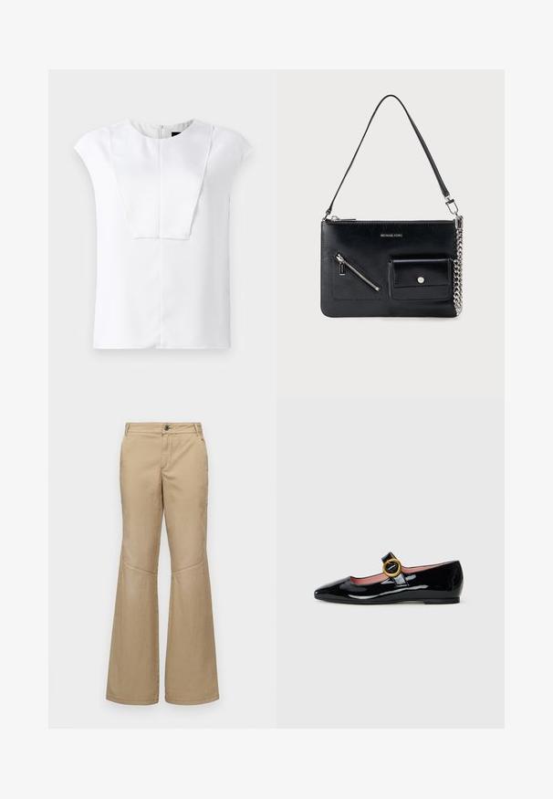 Witte blouse met korte mouwen en een ronde halslijn, met een rechthoekig detail op het voorpaneel, weergegeven op een effen achtergrond.; Beige wijde broek met een knoopsluiting, voor- en zijzakken, en stiksels, gemaakt van een lichte, textuurstof.; Zwarte lakkloof met een afgeronde puntige neus en een band met een grote gouden ronde gespsluiting.; Zwarte leren schoudertas van Michael Kors met een bovenste rits, een diagonale voorzak met rits, een klepzak met drukknop en een zilverkleurig kettinkdetail.