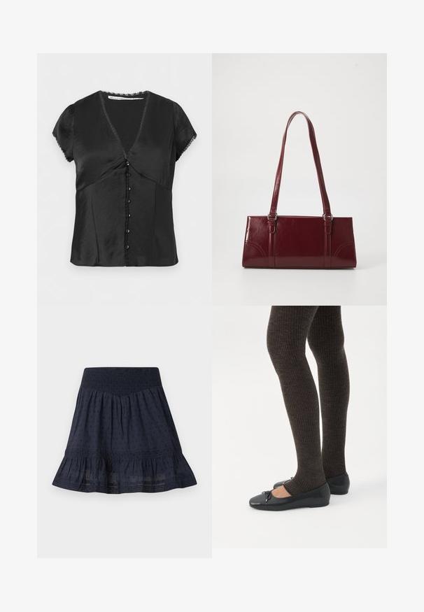 Blouse noire à manches courtes avec col en V, boutonnage sur le devant, et bordure en dentelle aux manches et au col, fabriquée en tissu lisse et brillant.; Jupe bleu marine longueur genou avec taille smockée élastique, motif discret à pois et ourlet volanté.; Jambes portant des leggings côtelés foncés associés à des ballerines noires avec de petits détails en nœud sur fond blanc.; Sac à main bordeaux en matériau brillant, de forme rectangulaire, avec deux anses et des accents légèrement courbés à l'avant.
