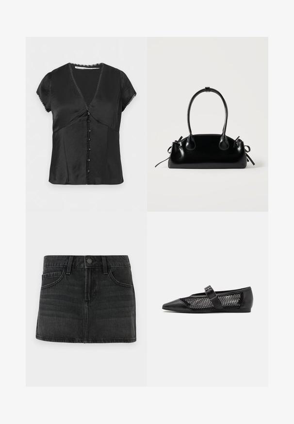 Blouse noire à manches courtes avec col en V, boutonnage sur le devant, et bordure en dentelle aux manches et au col, fabriquée en tissu lisse et brillant.; Jupe en denim noir au design ajusté, cinq poches et une taille. Elle dispose d'une fermeture à bouton en métal et d'un léger effet délavé.; Chaussure plate noire avec un bout pointu, panneaux latéraux en maille et une sangle avec une boucle décorative. Fini lisse sur les sections du bout et du talon.; Petit sac à main noir brillant avec deux longues anses et des détails à cordon sur les côtés sur un fond clair uni.