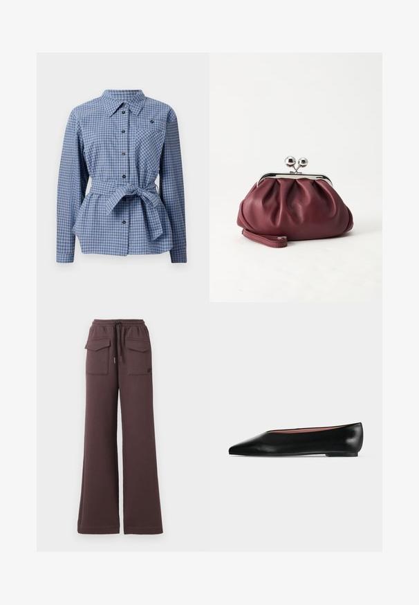Chemise à carreaux bleue et blanche avec un front boutonné, des manches longues, une taille ceinturée et une poche poitrine. Elle présente des boutons noirs et un col bien net.; Pantalons ample en tissu marron foncé, dotés d'une taille élastique, d'un cordon de serrage et de deux poches avant avec des fermetures à rabat.; Chaussure plate en cuir noir pour femme, avec bout pointu et petit talon, vue de côté sur un fond gris clair uni.; Petit sac pochette en cuir bordeaux avec fermoir métallique argenté et bracelet sur fond blanc.