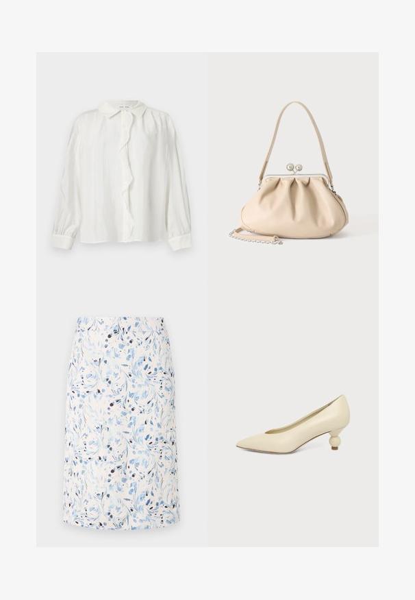 Chemise blanche à boutons, avec un plastron froncé, des manches longues et un col classique. Tissu texturé avec de subtiles lignes verticales.; Jupe à imprimé floral avec un fond clair, ornée de tourbillons bleus et d'accents foncés, fabriquée dans un tissu respirant, de conception mi-longue.; Chaussure femme couleur crème à bout pointu avec un petit talon rond en forme de boule, sur fond uni.; Sac à main en cuir souple beige avec un fermoir en métal argenté, une bandoulière simple et une bandoulière chaîne optionnelle sur fond blanc.
