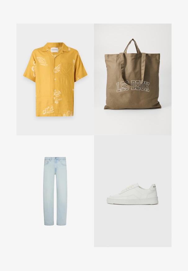 Korte mouwen overhemd van mosterdgele stof met witte voedselgerelateerde grafieken en een borstzak. Knopsluiting met een casual pasvorm.; Lichtblauwe denim jeans met rechte pijpen, vooraan knoop- en ritssluiting, riemlussen en voorzakken.; Witte leren sneaker met een gladde afwerking, ronde neus, platte veters en een gestructureerde zool. Kenmerkt zich door een subtiel logo op de hiel.; Bruine stoffen tote bag met twee lange handvatten. Aan de voorkant staat in witte tekst "LES DEUX." Eenvoudig ontwerp, stevig materiaal en een platte vorm.