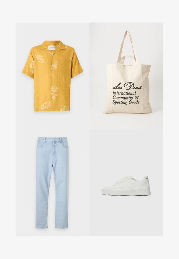 Chemise à manches courtes en tissu jaune moutarde avec des motifs alimentaires blancs et une poche poitrine. Design à boutons avec une coupe décontractée.; Jeans droit en denim bleu clair, dotés d'une fermeture à boutons et à zip, de cinq poches et d'une légère décoloration sur le tissu.; Baskets en cuir blanc avec une finition lisse, bout arrondi, lacets plats et semelle texturée. Présente un logo discret sur le talon.; Sac tote en coton beige avec deux poignées robustes. Présente un texte imprimé en noir : "Les Deux International Community & Sporting Goods."