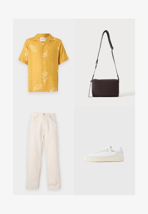 Korte mouwen overhemd van mosterdgele stof met witte voedselgerelateerde grafieken en een borstzak. Knopsluiting met een casual pasvorm.; Beige rechte jeans gemaakt van denim, met een knoopsluiting, vijf zakken en zichtbare stikseldetails. Gladde textuur.; Witte sneaker met een bovenwerk van gestructureerd suède en leer. Voorzien van een afgeronde neus, vetersluiting en een contrasterende beige rubberen zool.; Donkerbruine gestructureerde leren crossbodytas met verstelbare riem en klein decoratief blauw accent aan de zijkant.