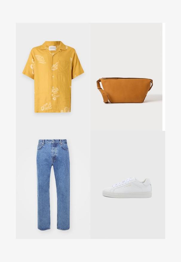 Korte mouwen overhemd van mosterdgele stof met witte voedselgerelateerde grafieken en een borstzak. Knopsluiting met een casual pasvorm.; Won Hundred STEVE - Relaxed fit jeans - cut blue; Witte leren lage sneakers met een ronde neus, platte veters, een gestructureerde zool en subtiele gouden branding aan de zijkant. Gladde oppervlakte en minimalistisch ontwerp.; Lichtbruine leren crossbodytas met verstelbare band en ritssluiting, getoond tegen een effen lichte achtergrond.