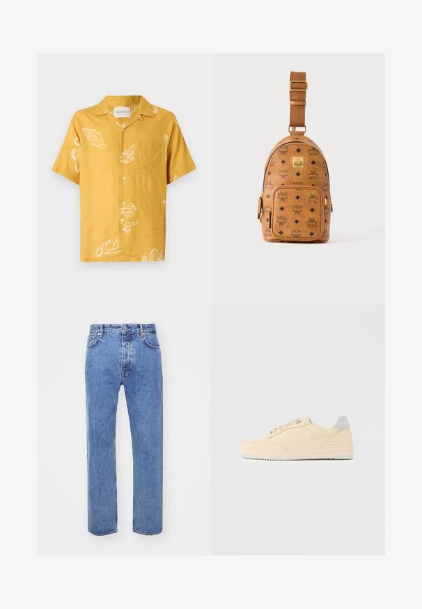 Korte mouwen overhemd van mosterdgele stof met witte voedselgerelateerde grafieken en een borstzak. Knopsluiting met een casual pasvorm.; Won Hundred STEVE - Relaxed fit jeans - cut blue; Beige lage sneaker met veters aan de voorkant, lichtroze zool en een grijze hieltab met het merk "Filling Pieces", zijaanzicht op een effen achtergrond.; Kleine lichtbruine leren crossbodytas met verstelbare schouderriem, voorvak met rits en herhalend zwart MCM-logo patroon.