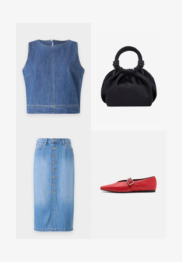 Top sans manches en jean bleu avec un col rond, une coupe droite et des détails de couture visibles le long des coutures et de l'ourlet.; Jupe midi en denim bleu avec une coupe droite, dotée d'une fermeture à boutons sur le devant, de cinq poches et d'un délavage pour une texture.; Ballerine en cuir rouge avec une pointe pointue, comportant une lanière sur le côté avec une boucle en métal et un petit talon noir. Texture lisse sur l'ensemble.; Sac à main en tissu noir doux avec haut froncé et poignées circulaires rembourrées nouées de chaque côté.