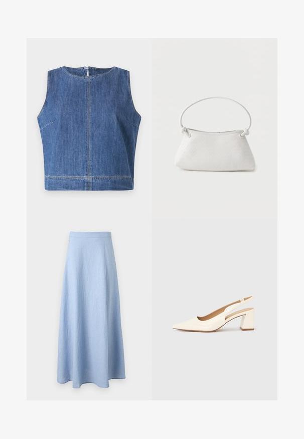 Top de mezclilla azul sin mangas con escote redondo, corte recto y detalles de costura visibles a lo largo de las costuras y el dobladillo.; Falda azul claro, de línea A hasta el tobillo con cintura ajustada, hecha de tela suave y texturizada, mostrada sobre un fondo blanco.; Zapato de salón con tira trasera en charol crema brillante, con punta afilada y tacón cuadrado grueso para mayor estabilidad. Diseño minimalista, sin adornos.; Bolso de mano de cuero blanco tejido con asa redondeada y extremos de la correa anudados, exhibido sobre un fondo liso.