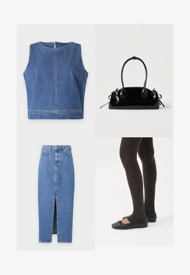 Top de mezclilla azul sin mangas con escote redondo, corte recto y detalles de costura visibles a lo largo de las costuras y el dobladillo.; Falda midi de mezclilla azul claro con una abertura frontal, diseño clásico de cinco bolsillos y cierre con botón en la parte superior. La tela tiene una ligera textura.; Piernas con leggings oscuros acanalados combinados con bailarinas negras que presentan pequeños detalles de lazo sobre un fondo blanco.; Pequeño bolso negro brillante con dos asas largas y detalles de cordón lateral sobre un fondo claro liso.