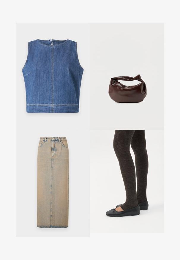Top sans manches en jean bleu avec un col rond, une coupe droite et des détails de couture visibles le long des coutures et de l'ourlet.; Une longue jupe en denim bleu clair avec une coupe droite. Comprend cinq poches, des passants de ceinture et un multiplicateur de boutons à l'avant. Texture décolorée sur toute la surface.; Jambes portant des leggings côtelés foncés associés à des ballerines noires avec de petits détails en nœud sur fond blanc.; Sac bandoulière en cuir marron foncé avec une forme souple et décontractée et une anse nouée torsadée sur un fond blanc uni.
