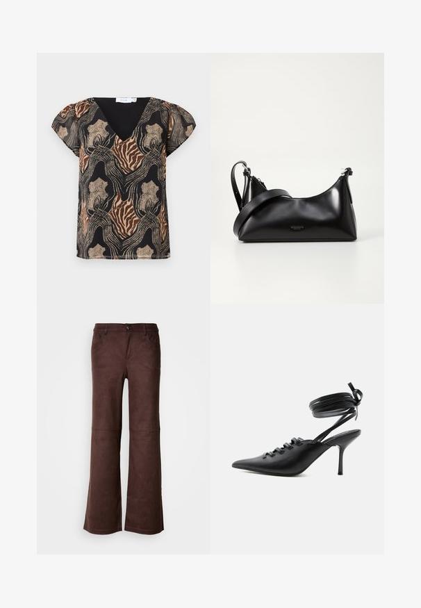 Kortebloes met een zwarte basis, featuring een veelkleurige abstracte print in goud, bruin en beige. V-hals ontwerp met een zachte textuur.; Bruine flared pants van een zachte, suede-achtige stof. Beschikt over vier zakken, een knoopsluiting en een gladde, gestructureerde oppervlakte.; Zwarte pumps met spitse neus en hoge hak, met veters aan de voorkant en riempjes die rond de enkel wikkelen en zijn gestrikt in een strik, gezien vanaf de zijkant tegen een witte achtergrond.; Zwarte leren handtas met een gladde textuur. Beschikt over een verstelbare schouderband en een strak, minimalistisch ontwerp met een ritssluiting.