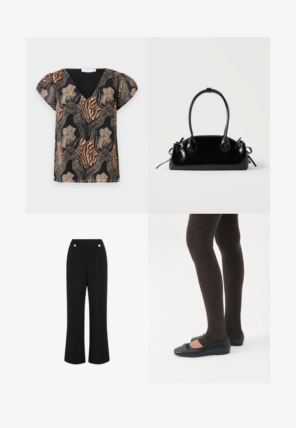 Blouse à manches courtes avec une base noire, présentant un imprimé abstrait multicolore en or, marron et beige. Design en V avec une texture douce.; Pantalons larges noirs avec une texture lisse, dotés d'une taille haute, de deux boutons dorés et d'un design ajusté. Pas de poches visibles.; Jambes portant des leggings côtelés foncés associés à des ballerines noires avec de petits détails en nœud sur fond blanc.; Petit sac à main noir brillant avec deux longues anses et des détails à cordon sur les côtés sur un fond clair uni.