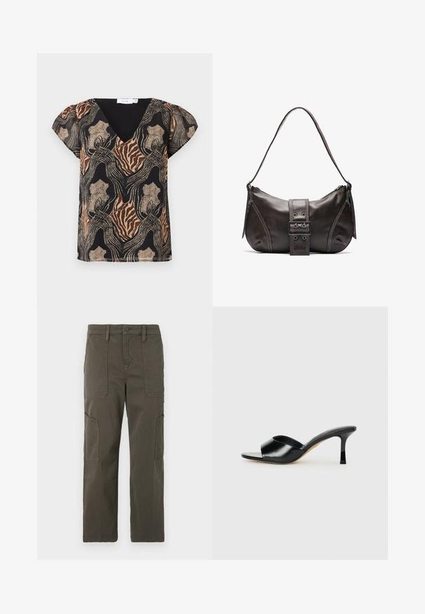 Kurzärmlige Bluse mit schwarzem Grund, die ein mehrfarbiges abstraktes Muster in Gold, Braun und Beige zeigt. V-Ausschnitt-Design mit weicher Textur.; Good American CROPPED PANTS - Cargohose - fatigue; Schwarze Leder-Pumps mit hohen Absätzen und offenem Zehenbereich sowie einem breiten, geschwungenen Oberriemen. Glatte Textur und schlanker Silhouette.; Braune Lederumhängetasche mit gebogener Form, die mit einem auffälligen Schnallendetail, kontrastierenden Nähten und einem einzigen Schulterriemen ausgestattet ist.