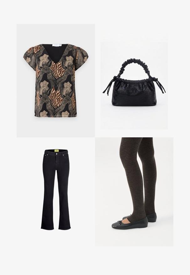Kortærmet bluse med sort bund, der har et multifarvet abstrakt print i guld, brun og beige. V-hals design med blød tekstur.; Sort denim flared jeans med et standard fem-lomme design, der har en knap- og lynlås-lukning samt et kontrasterende gult mærke ved taljen.; Ben iført mørke ribbede leggings kombineret med sorte balletsko med små sløjfedetaljer på hvid baggrund.; Sort taske med krokodilletekstur, rynket øverste kant, samlet hank og snore med kvaster på hver side mod en hvid baggrund.