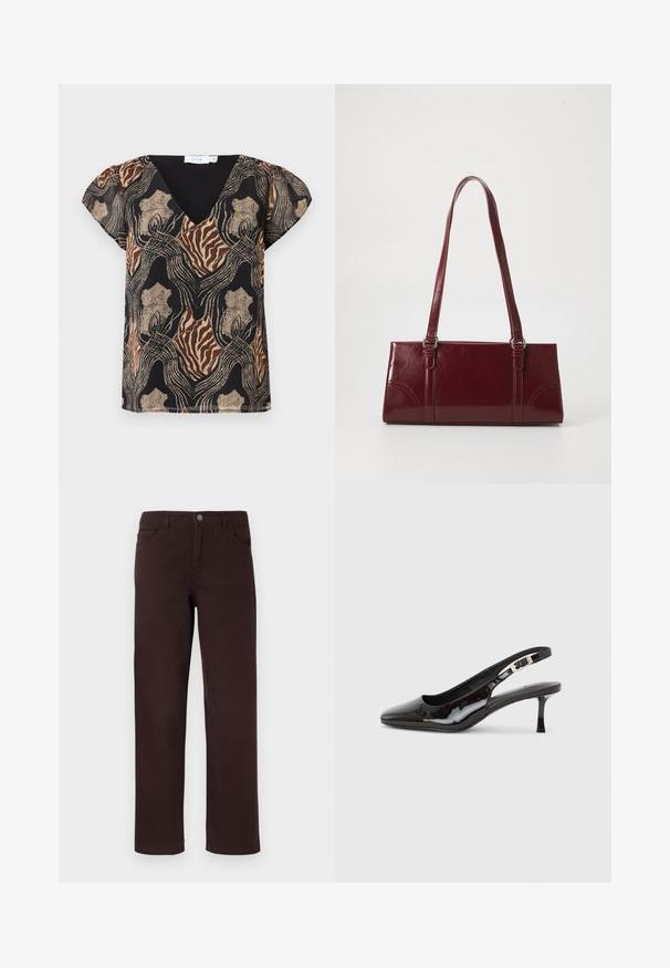Blusa de manga corta con base negra, que presenta un estampado abstracto multicolor en dorado, marrón y beige. Diseño de escote en V con textura suave.; Pantalones de algodón marrón con un diseño de pierna recta, dos bolsillos frontales y un cierre de botón en la cintura. Textura suave sin patrones visibles.; Zapato slingback de charol negro con punta afilada, hebilla plateada y tacón bajo tipo kitten sobre un fondo liso y claro.; Bolso burdeos hecho de material brillante, de forma rectangular, con dos asas para el hombro y sutiles acentos curvados en la parte frontal.