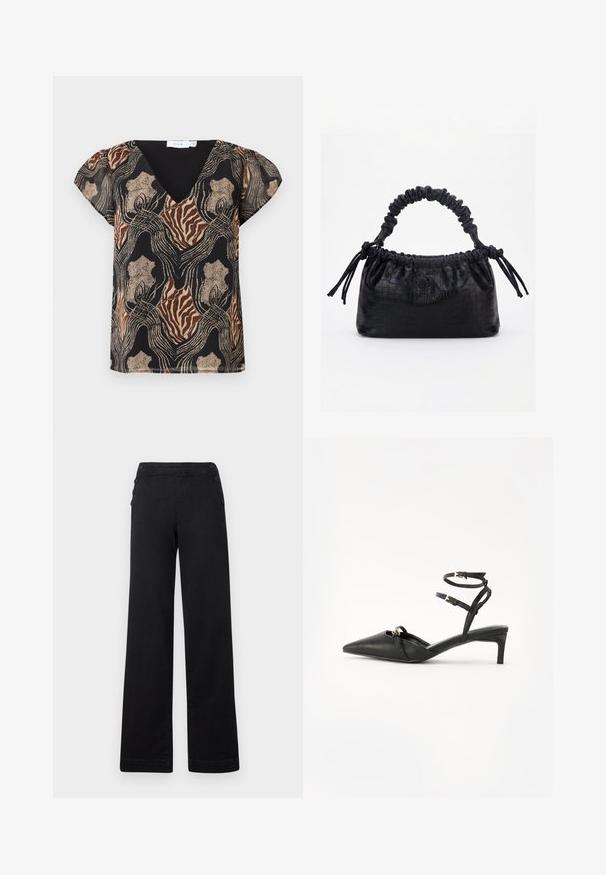 Blusa de manga corta con base negra, que presenta un estampado abstracto multicolor en dorado, marrón y beige. Diseño de escote en V con textura suave.; Pantalones de pierna ancha negros con cintura alta, detalles de botones en los laterales y una textura de denim suave con un acabado limpio.; Zapatos de tacón negro de cuero con tiras traseras, puntera afilada, correas delgadas en el tobillo, detalles en hardware dorado y un tacón delgado. Textura suave y diseño minimalista.; Bolso negro con textura de cocodrilo, borde superior fruncido, asa recogida y cordones con borlas en cada lado sobre un fondo blanco.
