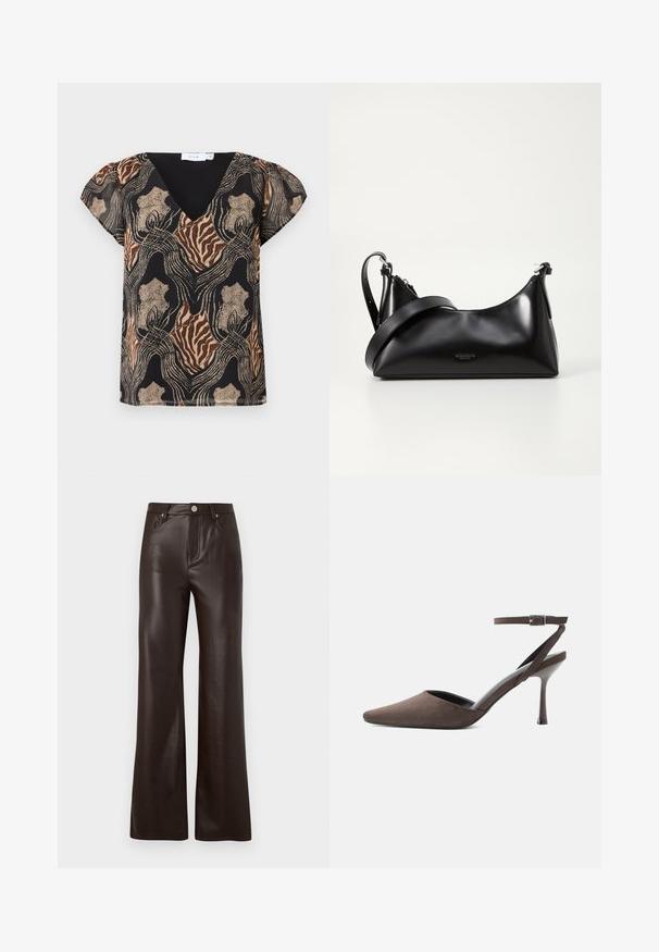 Kurzärmlige Bluse mit schwarzem Grund, die ein mehrfarbiges abstraktes Muster in Gold, Braun und Beige zeigt. V-Ausschnitt-Design mit weicher Textur.; Vero Moda Wide-leg VMTESSA High rise - Stoffhose - chocolate torte; Brauner Veloursleder-Pumps mit spitz zulaufender Spitze, dünnem Knöchelriemen und silberner Schnalle vor weißem Hintergrund.; Schwarze lederne Handtasche mit glatter Textur. Verfügt über einen verstellbaren Riemen und ein elegantes, minimalistisches Design mit einem Reißverschluss.