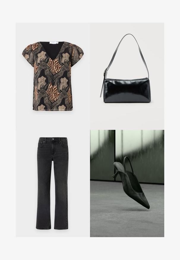 Kortærmet bluse med sort bund, der har et multifarvet abstrakt print i guld, brun og beige. V-hals design med blød tekstur.; Sorte denim jeans med lige ben-design, fem lommer og synlige syninger. Stoffet har en blød tekstur med en falmet finish.; Sort læder slingback højhælet sko med spids tå svævende over gråt tæppe, sløret grønlig væg i baggrunden.; Sort rektangulær skuldertaske med en enkelt justerbar rem og lynlås i toppen på en ensfarvet baggrund.