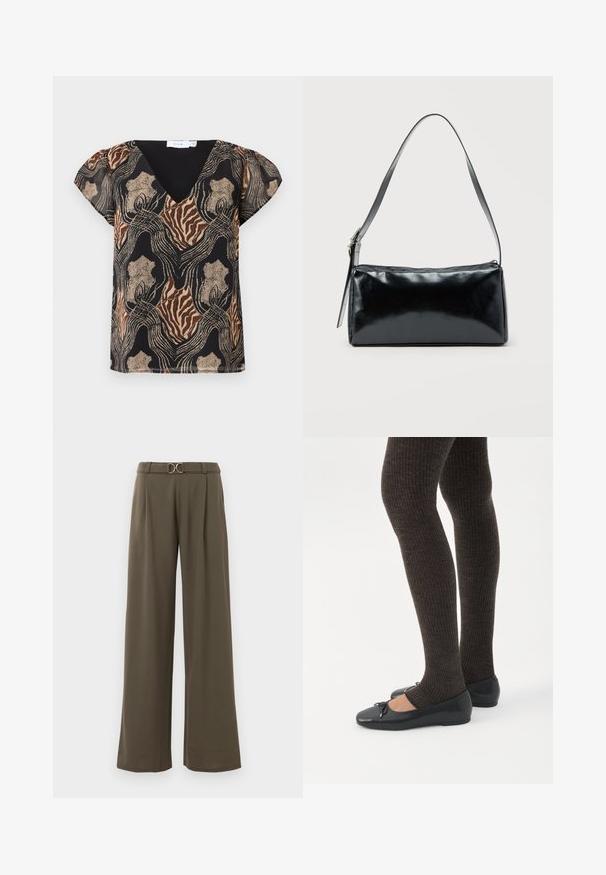 Blouse à manches courtes avec une base noire, présentant un imprimé abstrait multicolore en or, marron et beige. Design en V avec une texture douce.; Pantalon large en tissu vert olive foncé, doté d'une taille ceinturée avec une boucle circulaire dorée et de plis à l'avant pour plus de détails.; Jambes portant des leggings côtelés foncés associés à des ballerines noires avec de petits détails en nœud sur fond blanc.; Sac d'épaule rectangulaire noir avec une sangle réglable unique et une fermeture éclair supérieure sur un fond uni.