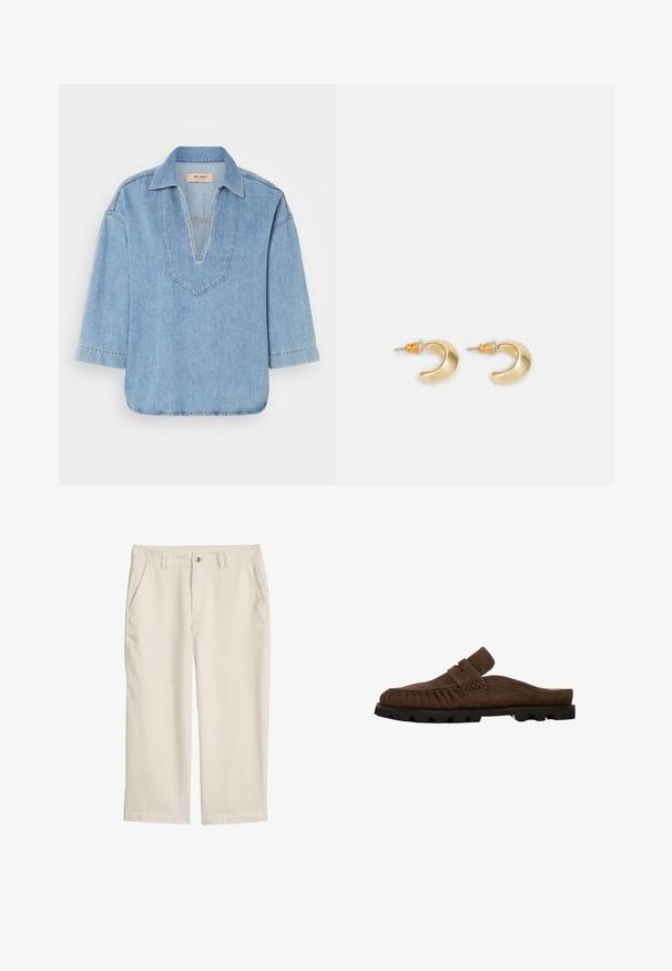 Helles blaues Denim-Pulloverhemd mit V-Ausschnitt, kurzen Ärmeln und leicht abgerundetem Saum. Mit kontrastierendem Stich entlang des Ausschnitts.; Off-White gerade Hose mit Knopfverschluss vorne, Gürtelschlaufen und seitlichen Taschen auf einfachem weißem Hintergrund.; Brauner Slipper-Mokassin aus Wildleder mit genähten Details und schwarzer, robuster Gummisohle, Seitenansicht vor weißem Hintergrund.; Goldene, mondförmige Ohrringe mit glatter Oberfläche, die orangefarbene Akzente nahe dem Stecker und silberne Beschläge aufweisen.