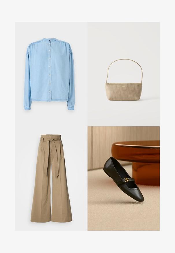 Chemise boutonnée à manches longues bleu clair en denim doux, avec un col rond, des épaules froncées et une coupe droite.; Pantalon large beige à taille haute, avec ceinture nouée et taille texturée. Confectionné en coton avec une finition lisse.; Chaussure plate en cuir noir avec bout pointu et logo CK doré sur la bride, posée sur un tapis beige près d'une table ronde couleur ambre brun.; Sac à main tissé beige avec fine bandoulière et petit logo doré "BOSS" à l'avant, présenté sur fond blanc uni.