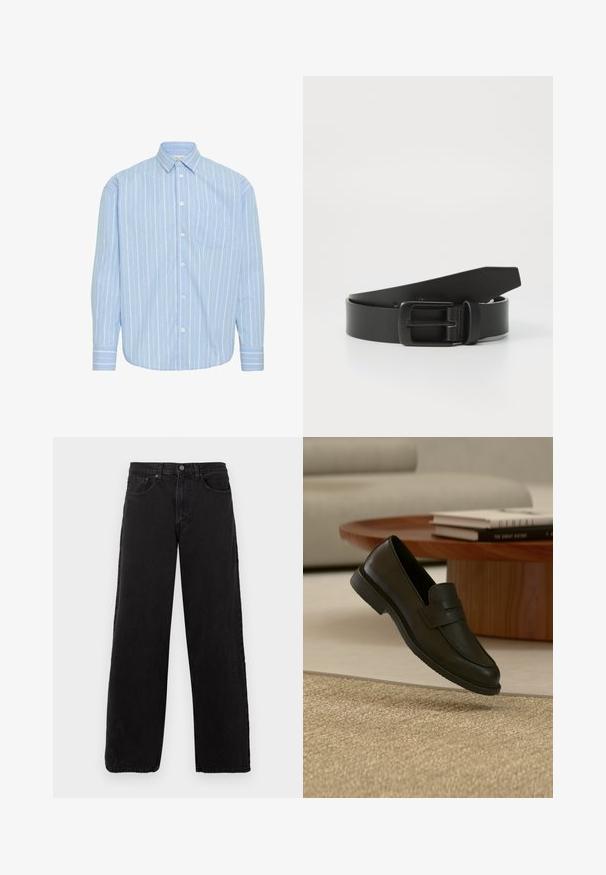 Lyseblå skjorte med knapper, prydet med lodrette hvide striber, en enkelt brystlomme og lange ærmer med knapmanchetter.; Sorte denimjeans med lige ben, fem lommer og knaplukning. Teksturstof og minimalistisk æstetik.; Sort læderloafer vist i luften over en beige vævet tæppe, med et træbord og stablede bøger i et blødt oplyst stue.; Sort læderbælte med spænde i mat sort metal, der har en glat tekstur og enkelt design. Justerbar længde med en tilspidset ende.