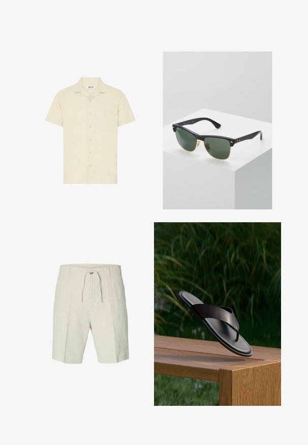 Chemise à manches courtes et col en tissu beige clair, avec une poche frontale et une fermeture à boutons composée de cinq boutons.; Shorts en lin beige clair, avec taille à cordon de serrage, plis sur le devant et deux poches latérales. Texture lisse avec un design décontracté.; Sandale en cuir noir flottant au-dessus d’un banc en bois avec un feuillage vert en arrière-plan flou.; Lunettes de soleil Ray-Ban avec des verres verts, monture en plastique noir et accents dorés sur les bords. Forme carrée avec une finition mate.